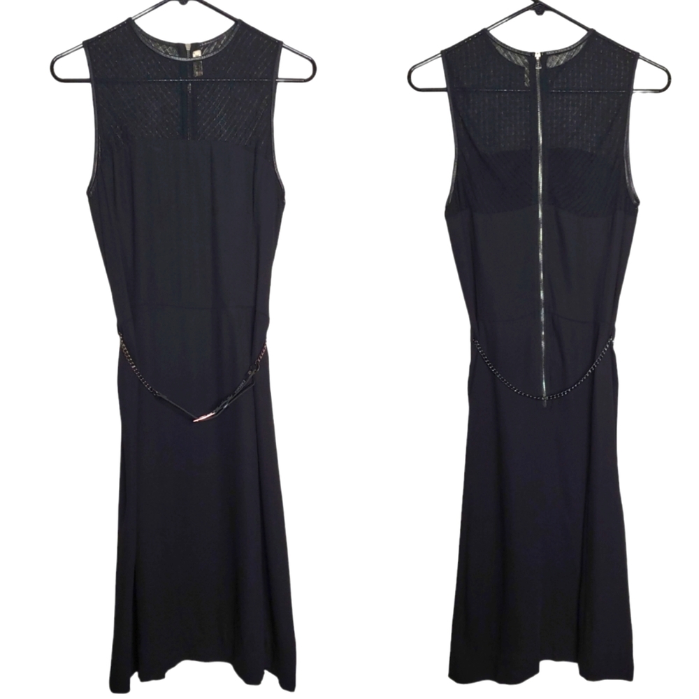 L'agence Women's Sleeveless Black Silk Leather Midi Dress with Chain Belt Size 6